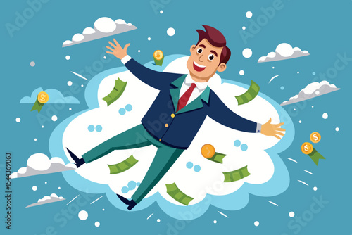 Businessman floating on a cloud surrounded by money symbols and coins in a cheerful, cartoon-style illustration