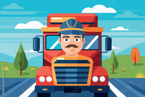 Cartoon truck driver on a sunny day in the countryside