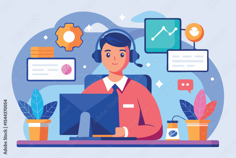 Young professional working at a computer with headset in a modern office setting Young professional working at a computer with headset in a modern office setting