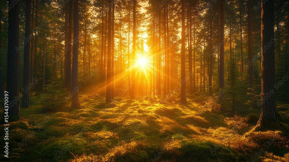 Fototapeta premium Golden sunlight streams through a dense forest