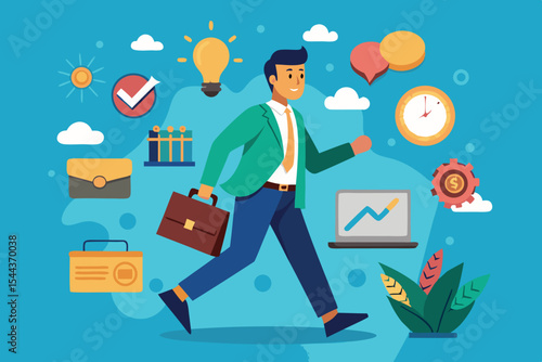 Business professional walking confidently with briefcase and digital elements around him