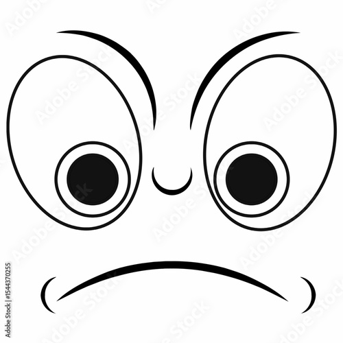 Vector illustration of an angry cartoon face with wide eyes, arched eyebrows, flared nose, and frowning mouth. Black outline style, isolated on white, ideal for emoji, icon, or clipart use.