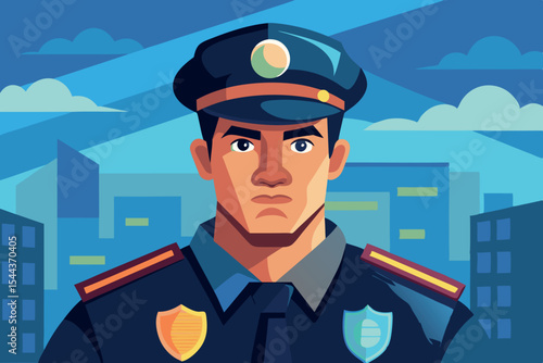 Police officer standing firm in an urban setting under a bright sky at sunset