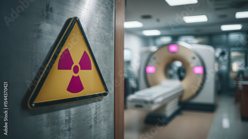 Radiation warning sign on wall in medical imaging facility. Yellow and magenta hazard symbol near CT scanner equipment. Hospital radiology department safety protocol and healthcare.