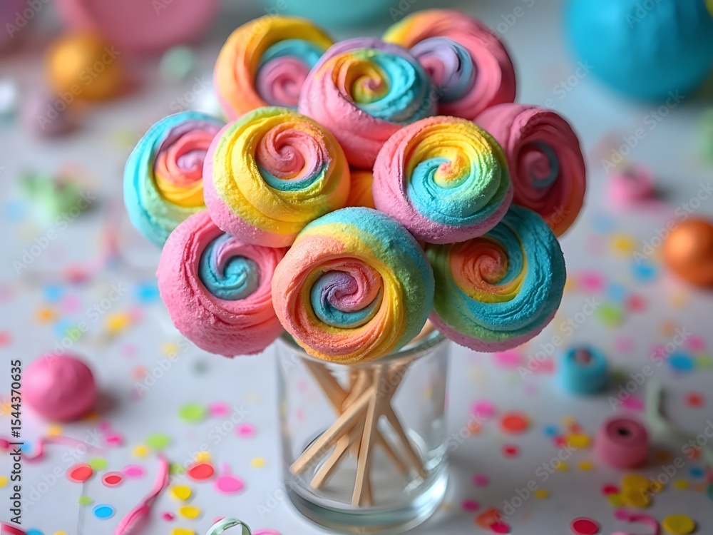 Obraz premium Rainbow Meringue Pops with Lollipop Sticks: Close-up image of swirled rainbow meringue pops on sticks, styled like lollipops, arranged in a tall glass jar with ribbons and confetti.