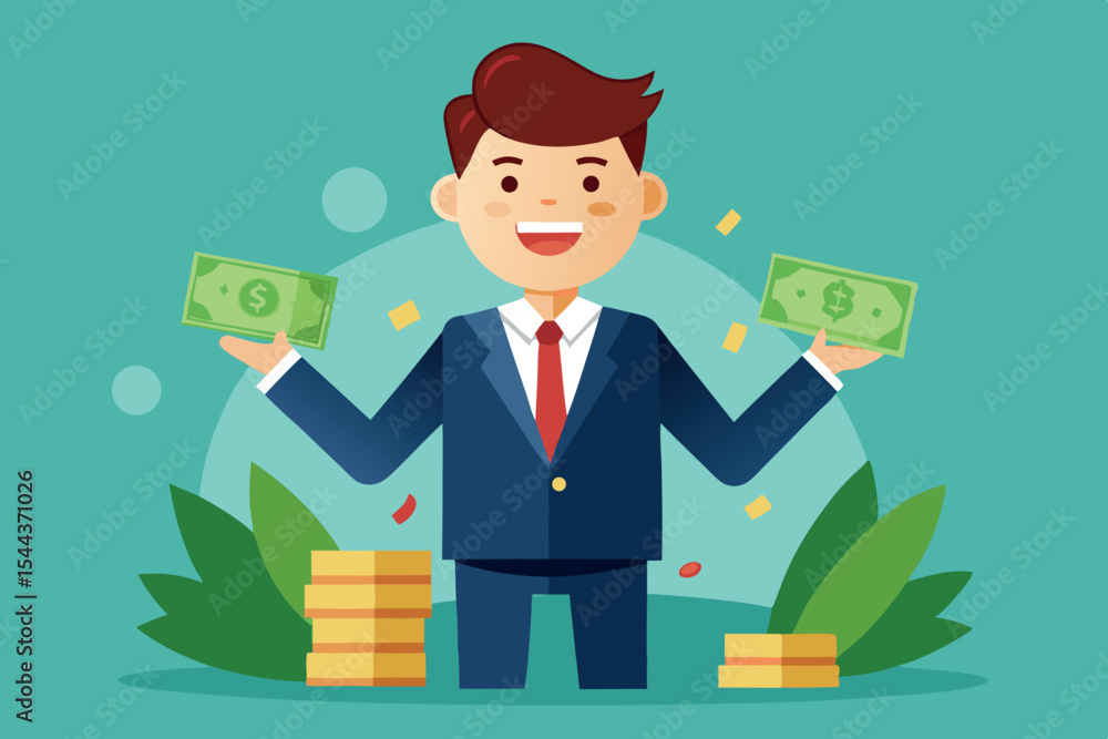 Happy businessman celebrating financial success with cash and savings in a bright, cheerful backdrop Happy businessman celebrating financial success with cash and savings in a bright, cheerful backdrop