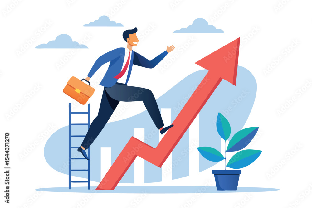 Fototapeta premium Business professional climbing ladder towards growth graph with upward arrow