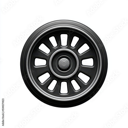 Detailed Dark Gray Spoke Wheel with Black Tire on White Background