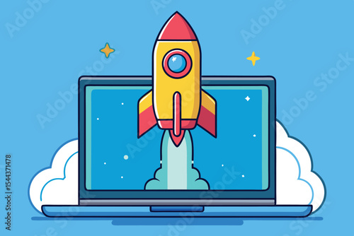 Rocket launching from a laptop screen against a blue background