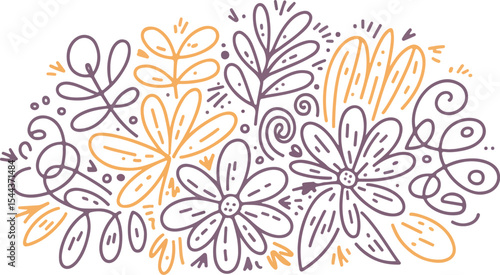 Wallpaper Mural Doodle style floral arrangement with flowers leaves and swirls in purple and yellow color palette design Torontodigital.ca