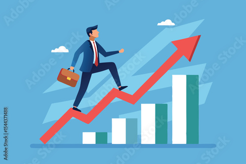 Businessman climbs a graph symbolizing success in a vibrant and modern setting