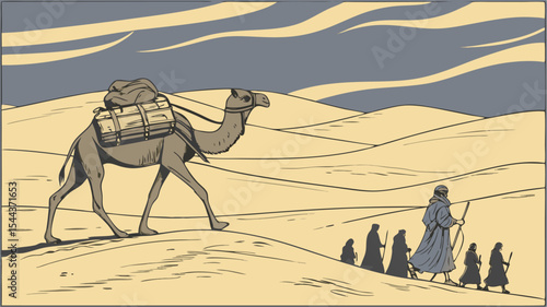 Illustration of a camel carrying luggage followed by a group of people in a desert landscape scene