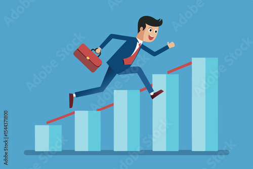 Businessman in suit running up growth chart while carrying briefcase in bright background