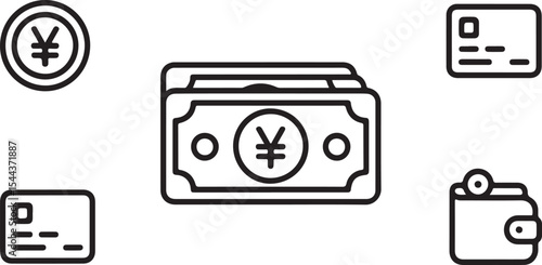 Financial Icons with Golden Yen Coin and Modern Wallet Elements