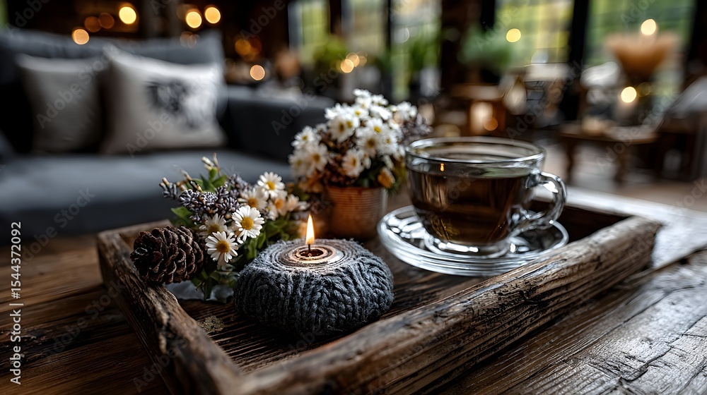 Fototapeta premium Cozy autumn tea, rustic living room