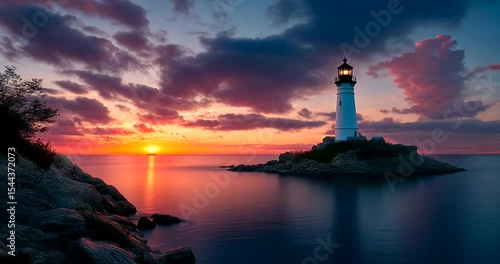 Serene sunset over lighthouse on rocky coastline