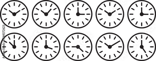 Minimal analog clock illustrations showing twelve different times