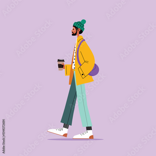 Trendy Young Man Walking with Coffee Cup – Urban Lifestyle Vector Illustration in Flat Style, Hipster Male Character in Winter Outfit, Minimalist Isolated Design on Pastel Background
