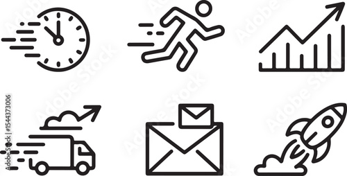 Vector icon pack showing time tracking, progress charts, and rocket launch for business acceleration