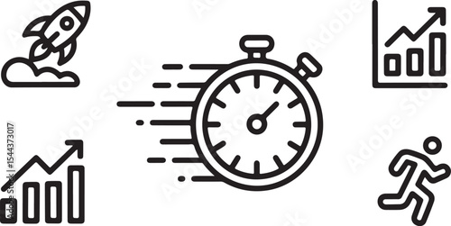 Icons of time, shipping, growth, and mail for business delivery and communication efficiency