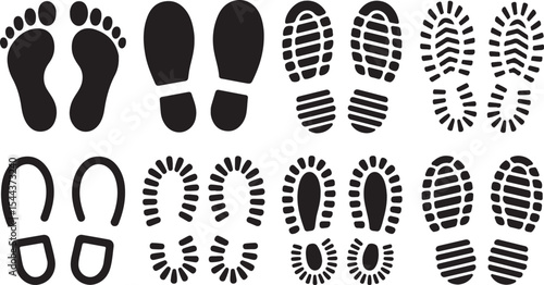 Solid footprint icons for step tracking, trail marking, and direction graphics
