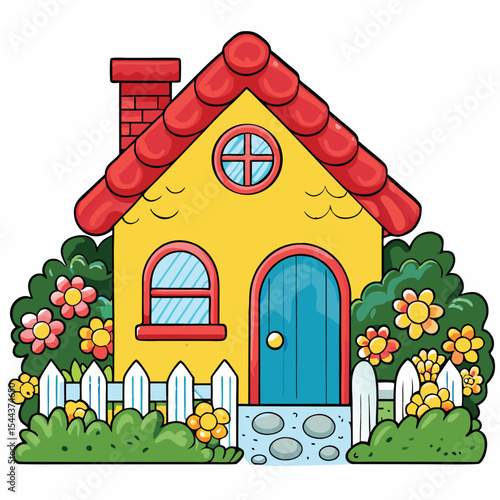 A vibrant cartoon illustration of a charming yellow house with a red tiled roof, situated amongst lush greenery and colorful flowers.