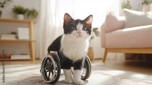 Intriguing black-and-white kitten sits in custom wheelchair in cozy home - Mobility Aid for Cats