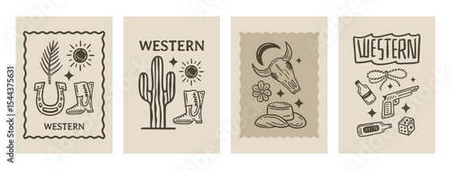 Set of western square posters. Cowboy western and wild west theme. Hand drawn illustrations in sketch style. Trendy design for cards, wall art, branding, and more.