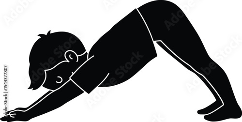 Yoga Practice, Child in Downward Dog Pose, Home, Vector Illustration, Calm Environment, Side View, Mindfulness Concept