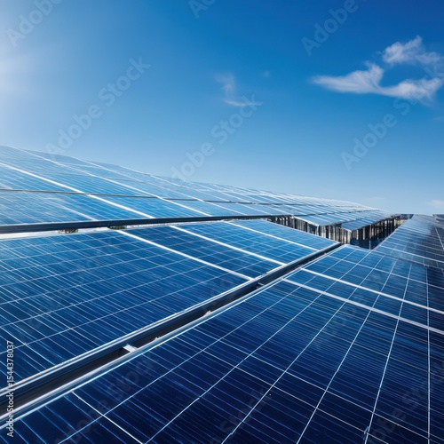 Solar array under a bright blue sky, capturing sunlight efficiently to produce clean energy for use.