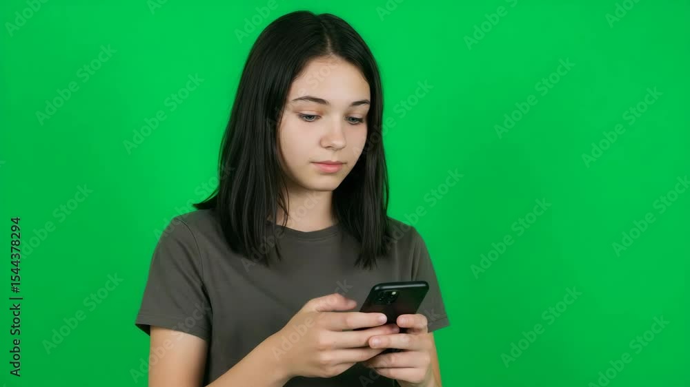 a young woman is using a smartphone indoors green screen background a young woman is using a smartphone indoors green screen background
