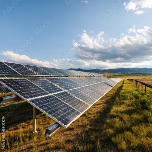 Solar energy production at a large outdoor solar farm generating sustainable electricity.