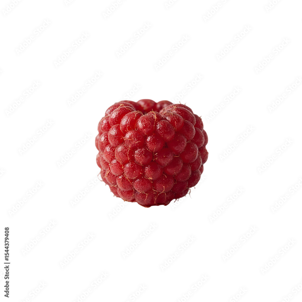 A single ripe raspberry on a transparent background shows vibrant red color and detailed texture. A single ripe raspberry on a transparent background shows vibrant red color and detailed texture.