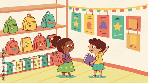Two children in a classroom with backpacks on shelves and colorful posters hanging on the wall talking to each other