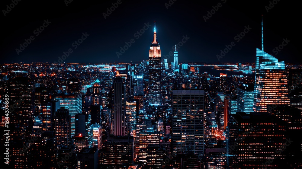 Fototapeta premium Nighttime cityscape, vibrant lights on skyscrapers