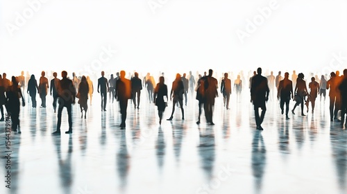 Dynamic silhouette of crowd of people walking in busy city on white background