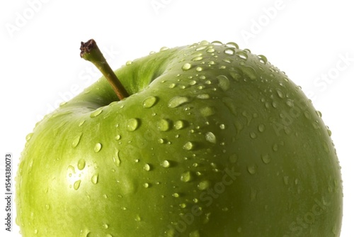 a crisp green apple, glistening with refreshing droplets.