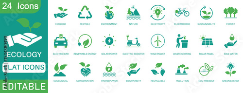 Ecology icon set. Environment, sustainability, nature, recycle, renewable energy; electric bike, eco-friendly, forest, wind power, green symbol. perfect flat icon collection.