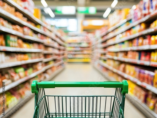 A blurred background of an empty grocery store aisle with shelves lined up full of food items, a green shopping cart in the foreground.