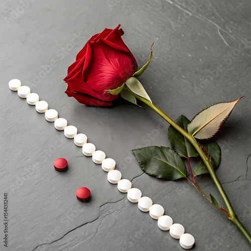 Red Rose and Pills on Dark Stone Surface Exploring the Intersection of Love Health and Pharmaceuticals