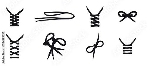 Rope knots vector set,  Different shoestring vector. Stylized vector icon of knotted shoelaces in a bow tie shape, ideal for fashion, sneakers, shoes, and footwear design, Vector illustration