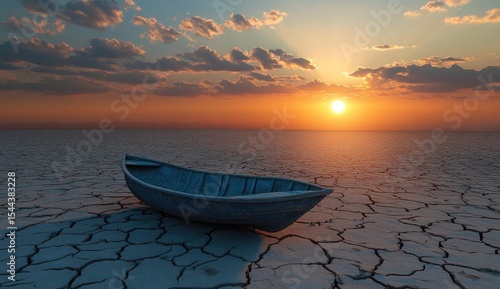 A boat on cracked, dry land, symbolizing hope and rain in the desert for a climate change concept. The boat is placed at an angle to convey new beginnings or financial support.