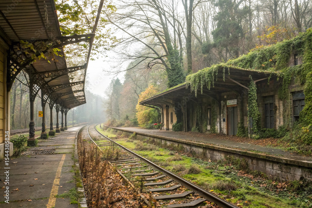 Obraz premium Old abandoned railway station platform with overgrown vegetation and moss covered tracks