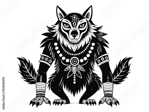A stylized, black and white illustration of a mythical wolf-like creature, possibly a shapeshifter or guardian spirit.