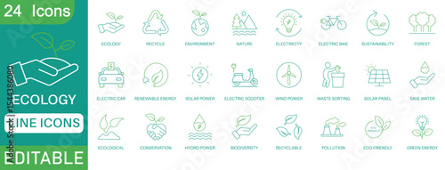 Ecology icon set. Environment, sustainability, nature, recycle, renewable energy; electric bike, eco-friendly, forest, wind power, green symbol. perfect line icon collection.