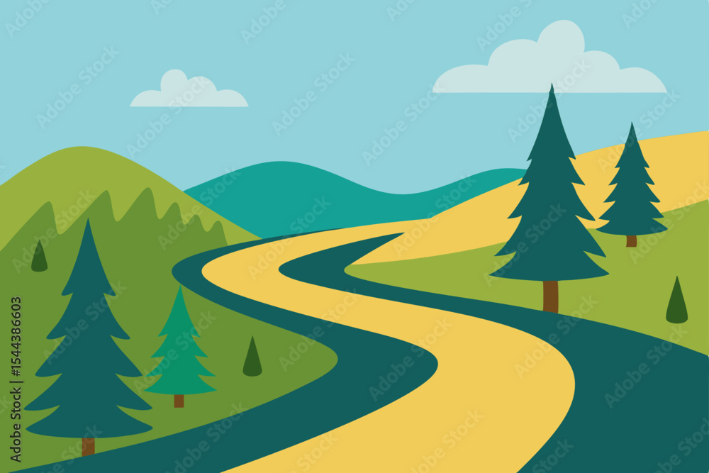 Fototapeta premium Winding Road Through Rolling Hills and Mountains A Scenic Landscape Illustration