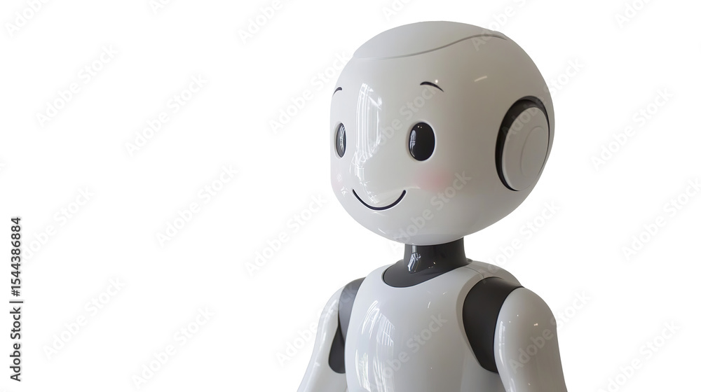 White shiny humanoid robot with smiling expression isolated on transparent background. PNG White shiny humanoid robot with smiling expression isolated on transparent background. PNG