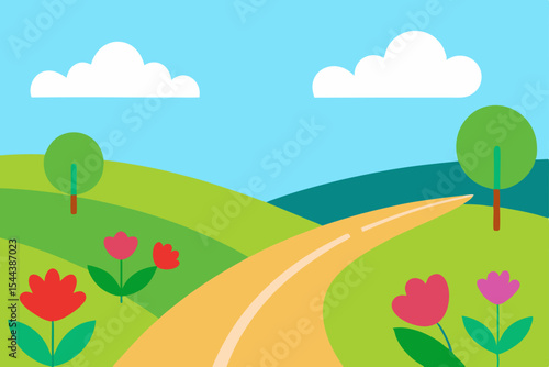 Serene Spring Landscape Winding Road Through Rolling Hills and Tulips