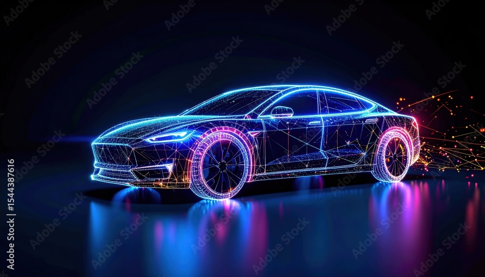Futuristic Electric Car in Neon Wireframe Design with Dynamic Light Effects and Abstract Background for Technology and Innovation Themes Futuristic Electric Car in Neon Wireframe Design with Dynamic Light Effects and Abstract Background for Technology and Innovation Themes