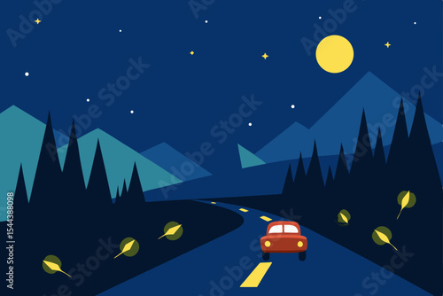 Night Drive Scenic Mountain Road Journey Under the Full Moon